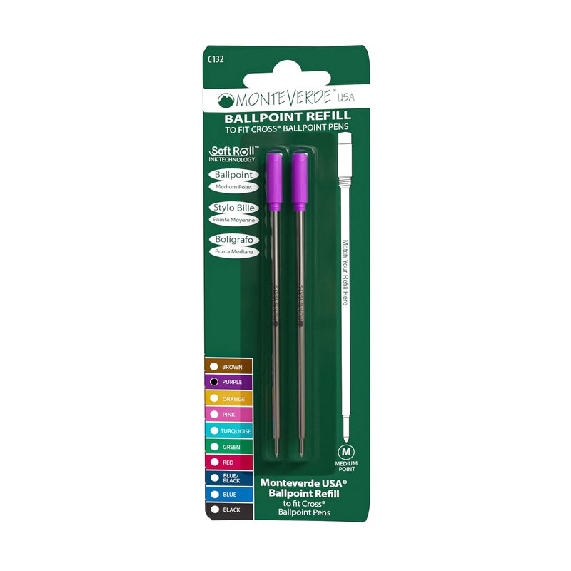 Monteverde Ballpoint Refill to Fit Cross Ballpoint Pens, Medium Point, Soft Roll, Purple, 2 per Pack (C132PL) - Image 1